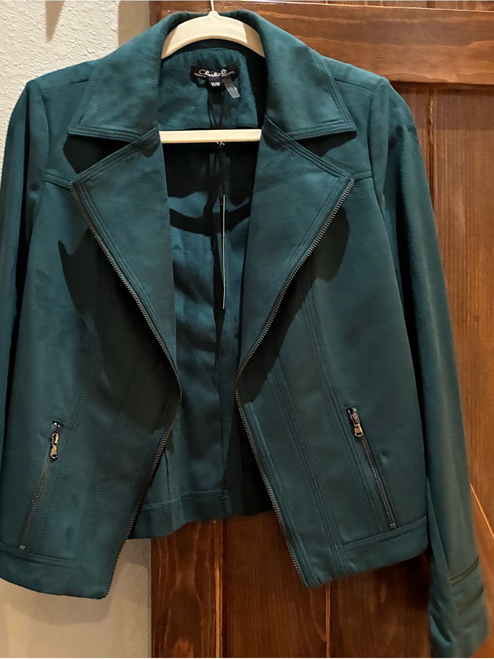 CHARLIE B Teal Suede Moto-Style Jacket
